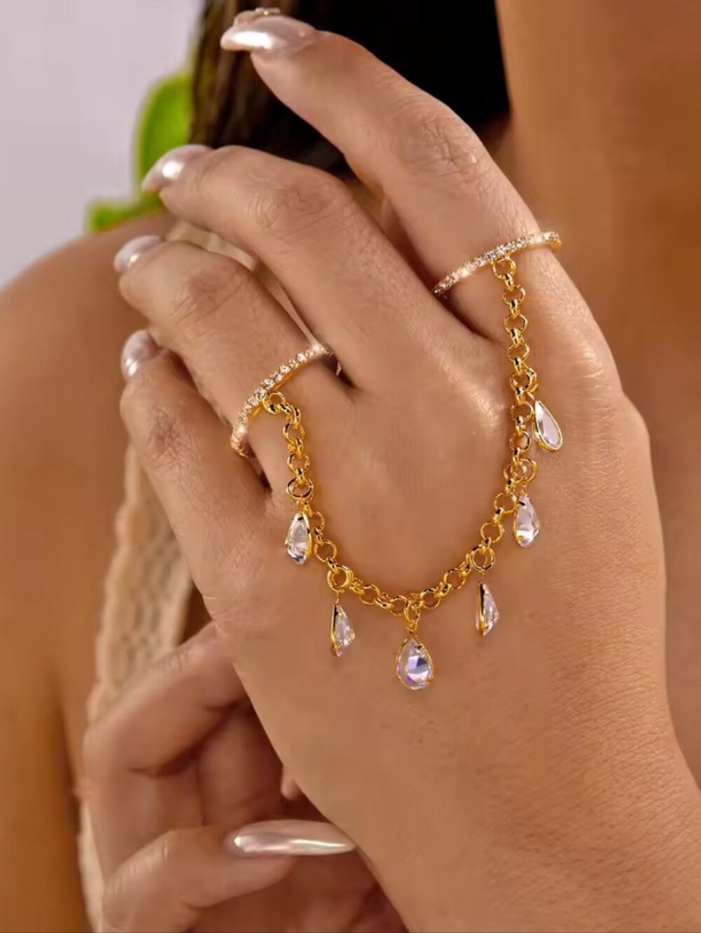 Gold Double Ring Chain Bracelet with Clear Teardrop Charms